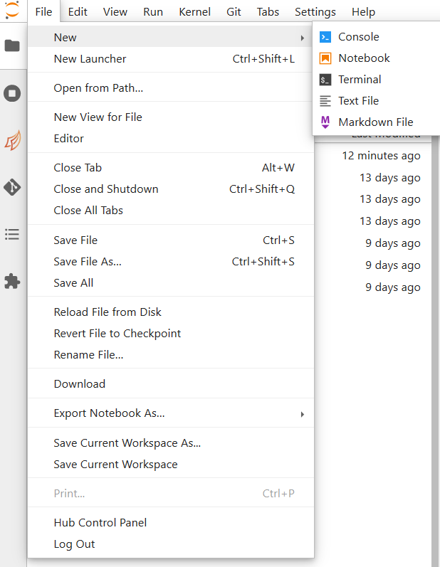 The File menu of the coffea-casa JupyterLab interface.